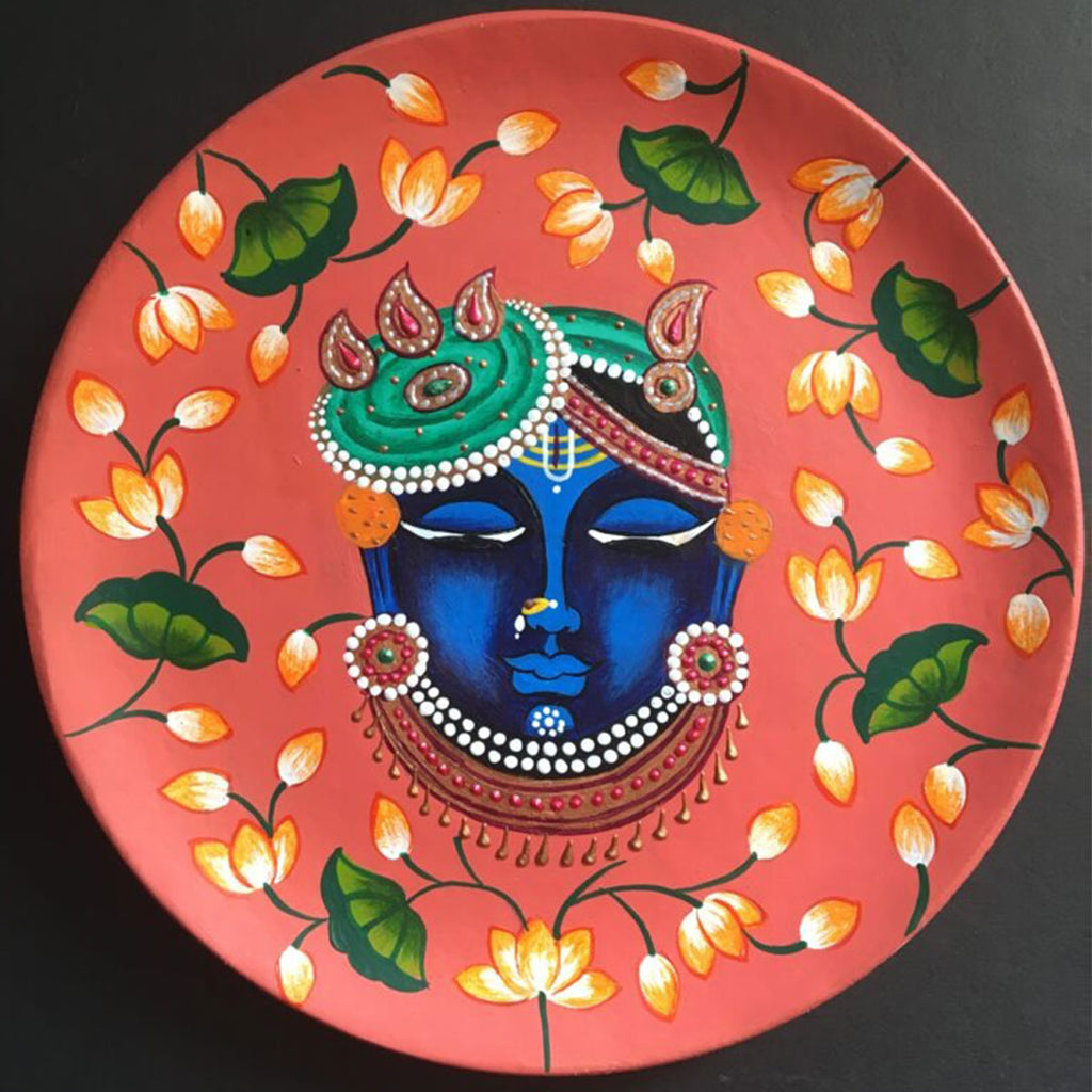 wooden plate ,wooden shrinathji statue , shrinathji wall plate , wooden shrinathji wall plate pestel red 