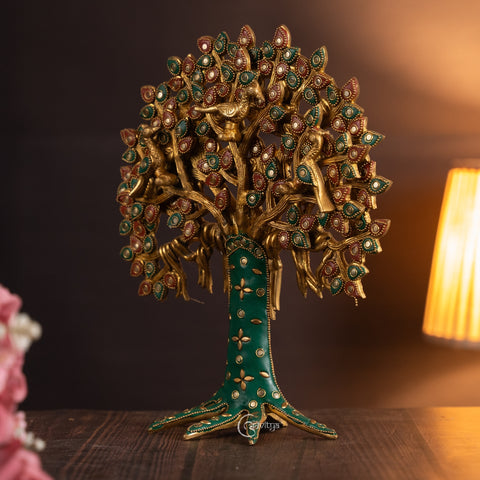 Brass Kalpavriksha Tree Table Décor with Stonework