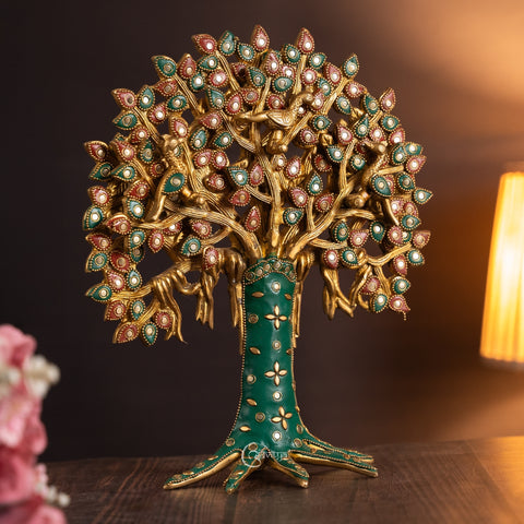 Brass Kalpavriksha Tree Table Décor with Stonework