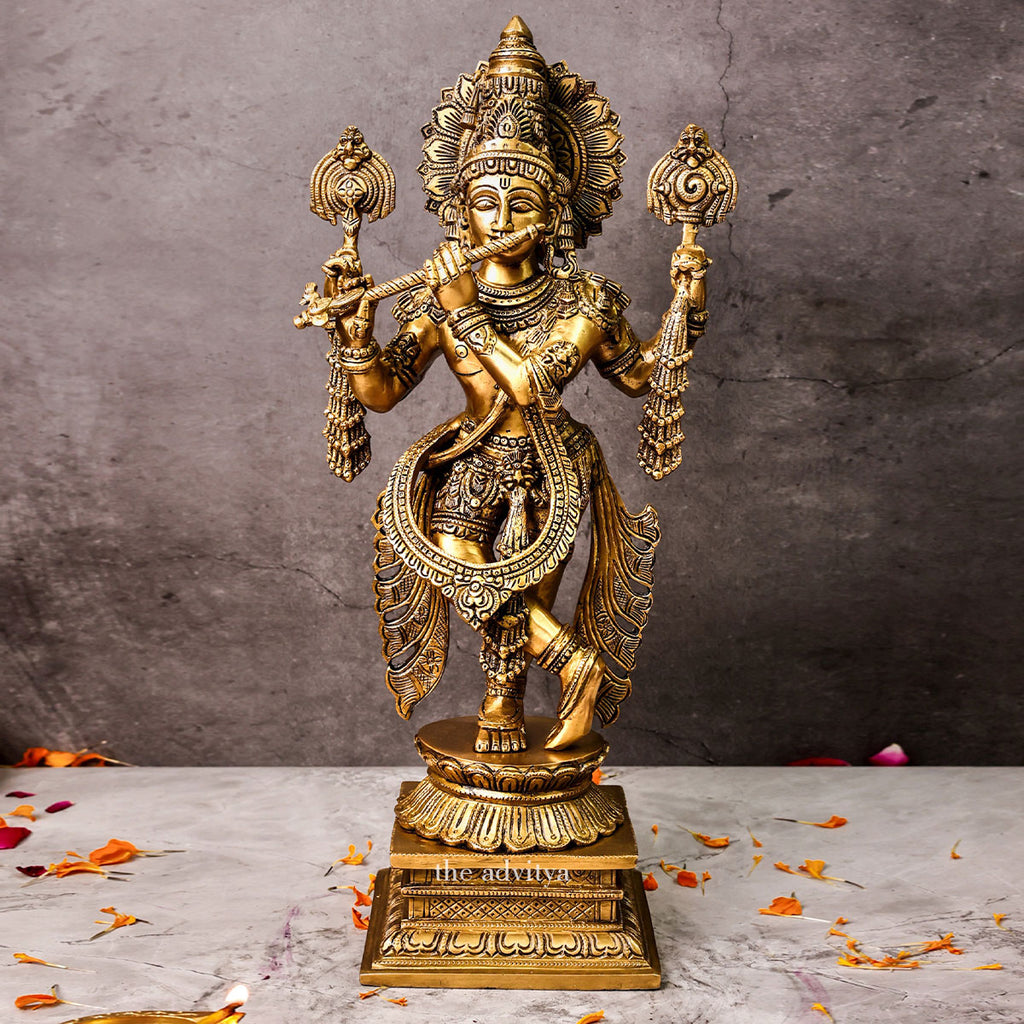 Vasudeva,Shyam,Nandakishore,Murari,Madhva,Mukunda,Keshava,Hary,Hari,Govnda,Brass Superfine Krishna With Flute Large Statue 