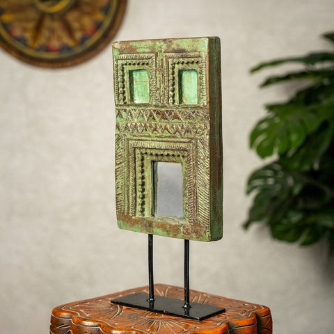 Wooden Mehrab Frame with Mirror - Jharokha on Iron Stand (Green)