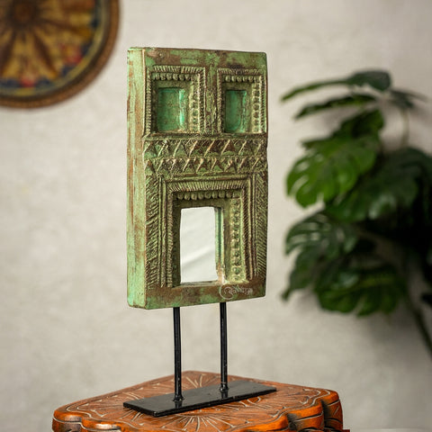 Wooden Mehrab Frame with Mirror - Jharokha on Iron Stand (Green)