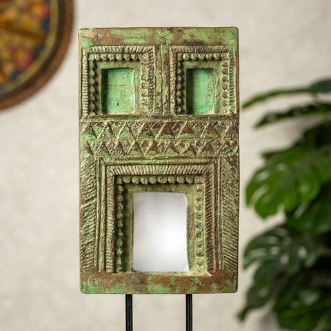 Wooden Mehrab Frame with Mirror - Jharokha on Iron Stand (Green)