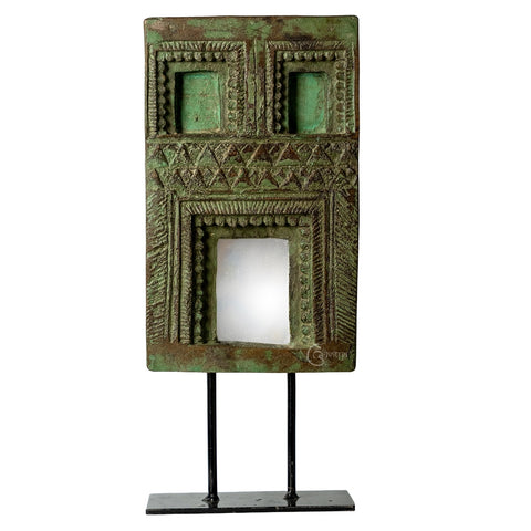 Wooden Mehrab Frame with Mirror - Jharokha on Iron Stand (Green)