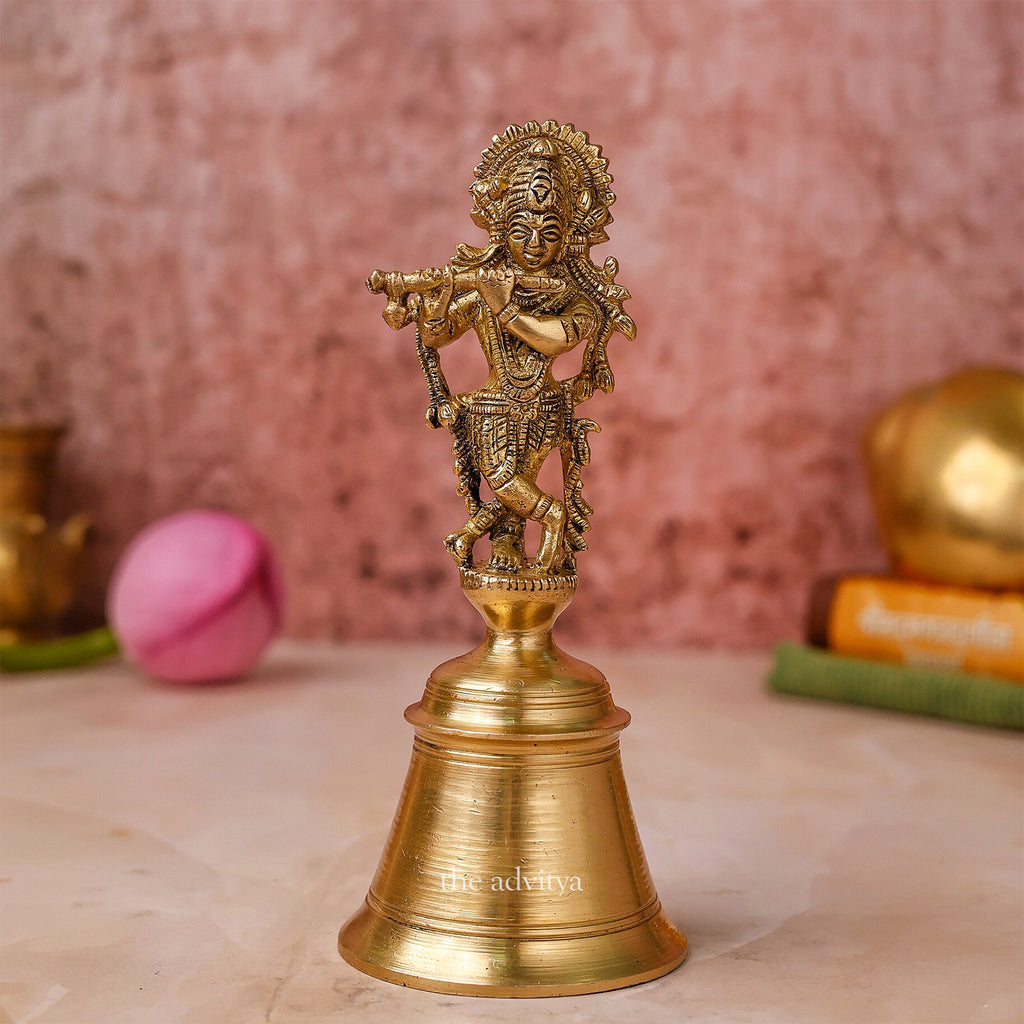 Sankh Bells,Vedic Bell,Temple Bell,Spirtual Bell,Shanti Bell,Satsang Bell,Brass Krishna Bhagwan Murti on Bell