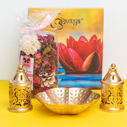 Metal Urli with Moroccan Lantern and Potpourri Gift