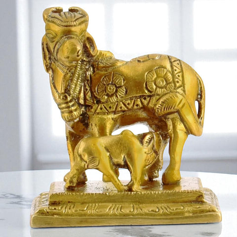 Brass Holy Kamdhenu Cow with Calf Figurine
