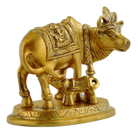 Mahishi,Kamdhenu, Kalyani,Gomata,Vasundhra,Brass Holy Kamdhenu Cow with Calf Figurine