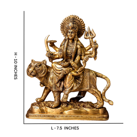 Nava Durgaa,Mahadevi,Katyayani,Mahadevi,Durga ma,Ambika,Chandi,Brass Durga Riding Lion on Base