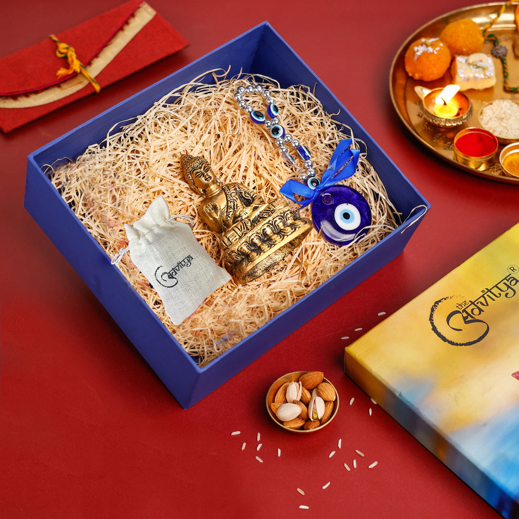 Diwali Hamper with Brass Buddha Statue, Assorted Evil Eye Wall Hanging, and Almonds (75 to 100g)