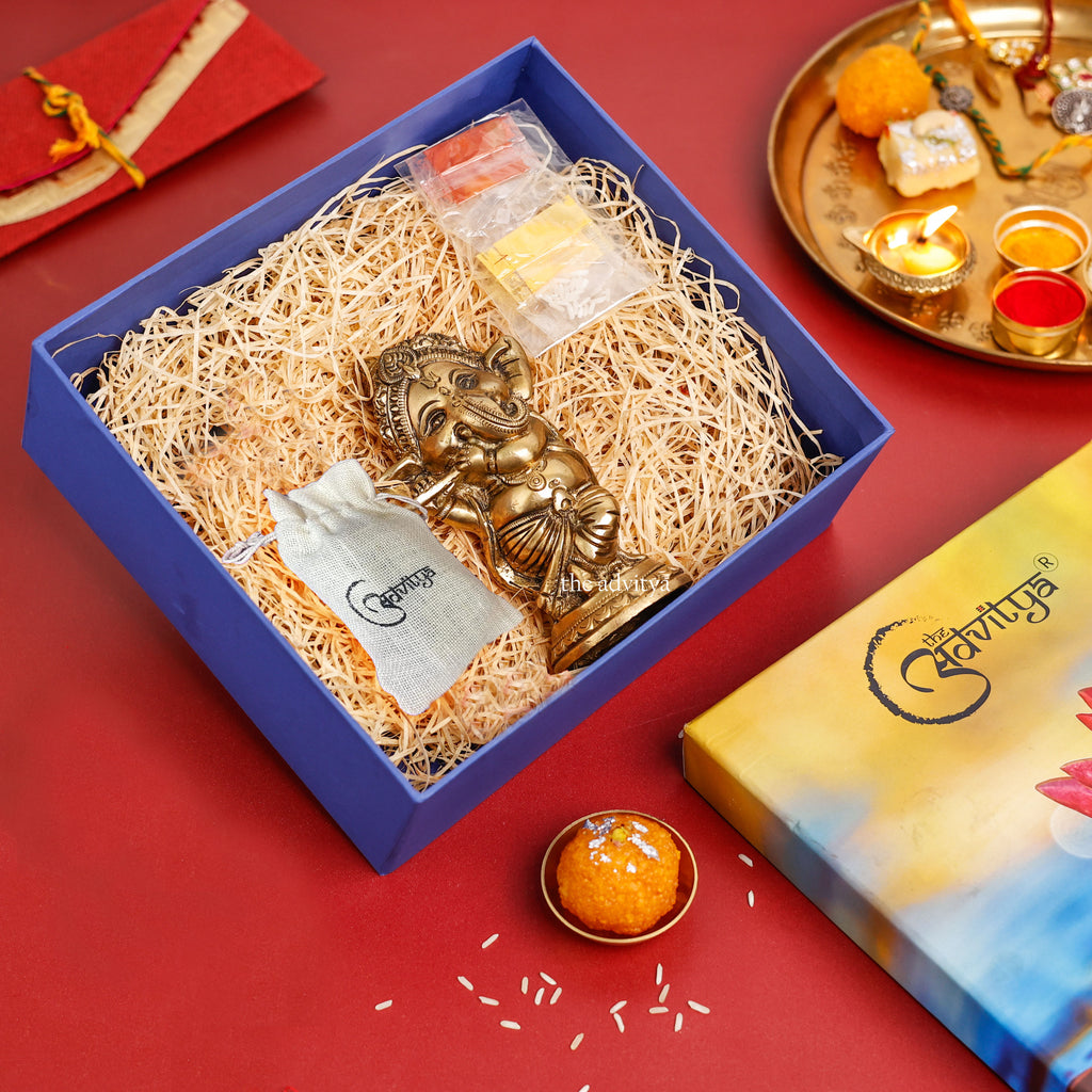 Diwali Hamper with Brass Ganesha with Basuri Statue, Assorted Evil Eye Wall Hanging, and Almonds (75 to 100g)