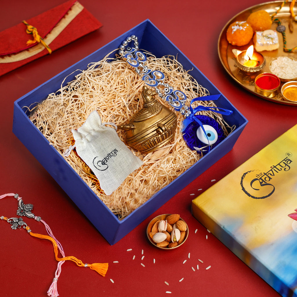 Diwali Hamper with Brass Peacock Sindoor Box, Assorted Evil Eye Wall Hanging, and Almonds (75 to 100g