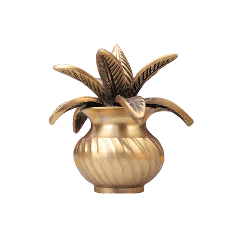 Brass Mangal Kalash With Mango Leaves