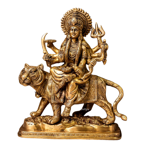 Nava Durgaa,Mahadevi,Katyayani,Mahadevi,Durga ma,Ambika,Chandi,Brass Durga Riding Lion on Base