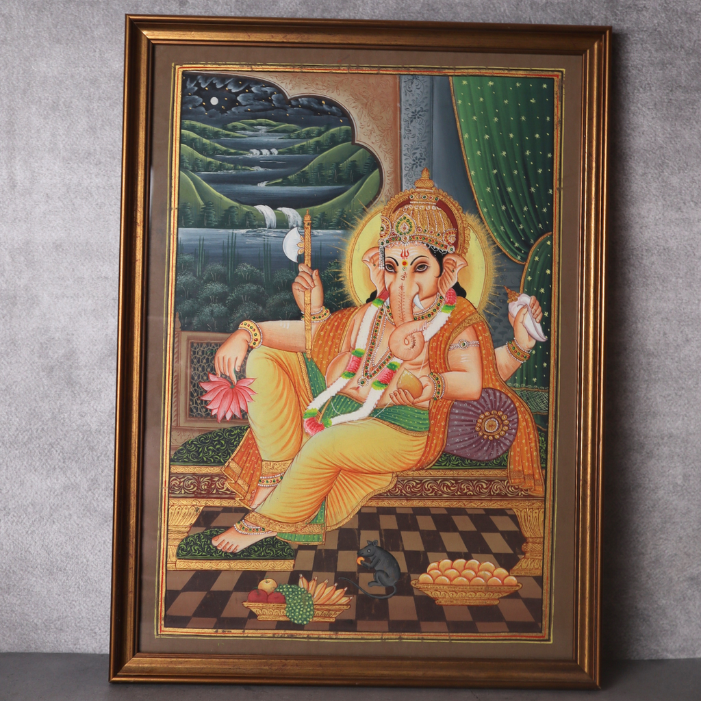 Ganesha with Mushak Vintage Painting in a Wooden Frame