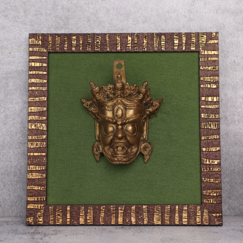 Brass Tibetan Buddhist Mahakala on Fabric Wooden Frame