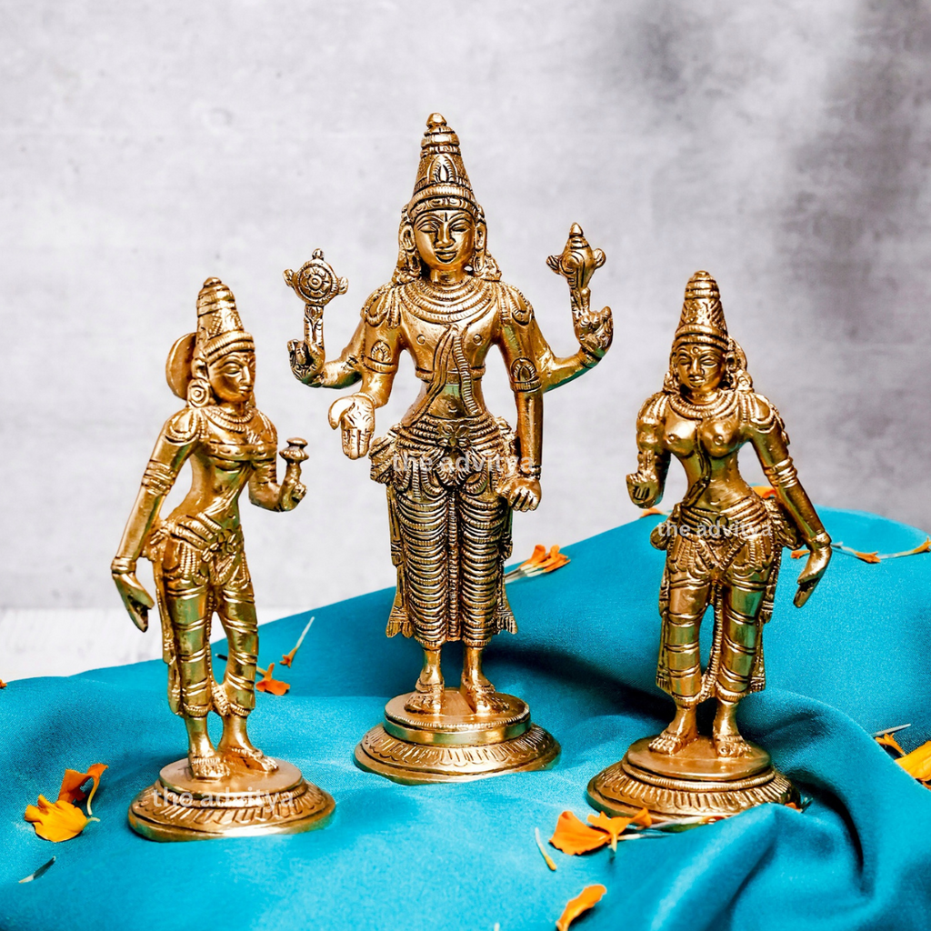 Visnhu,Nraayan,Hari,Pradyumna,Kamala-Natha,Brass Vishnu With Bhudevi & Sridevi statue
