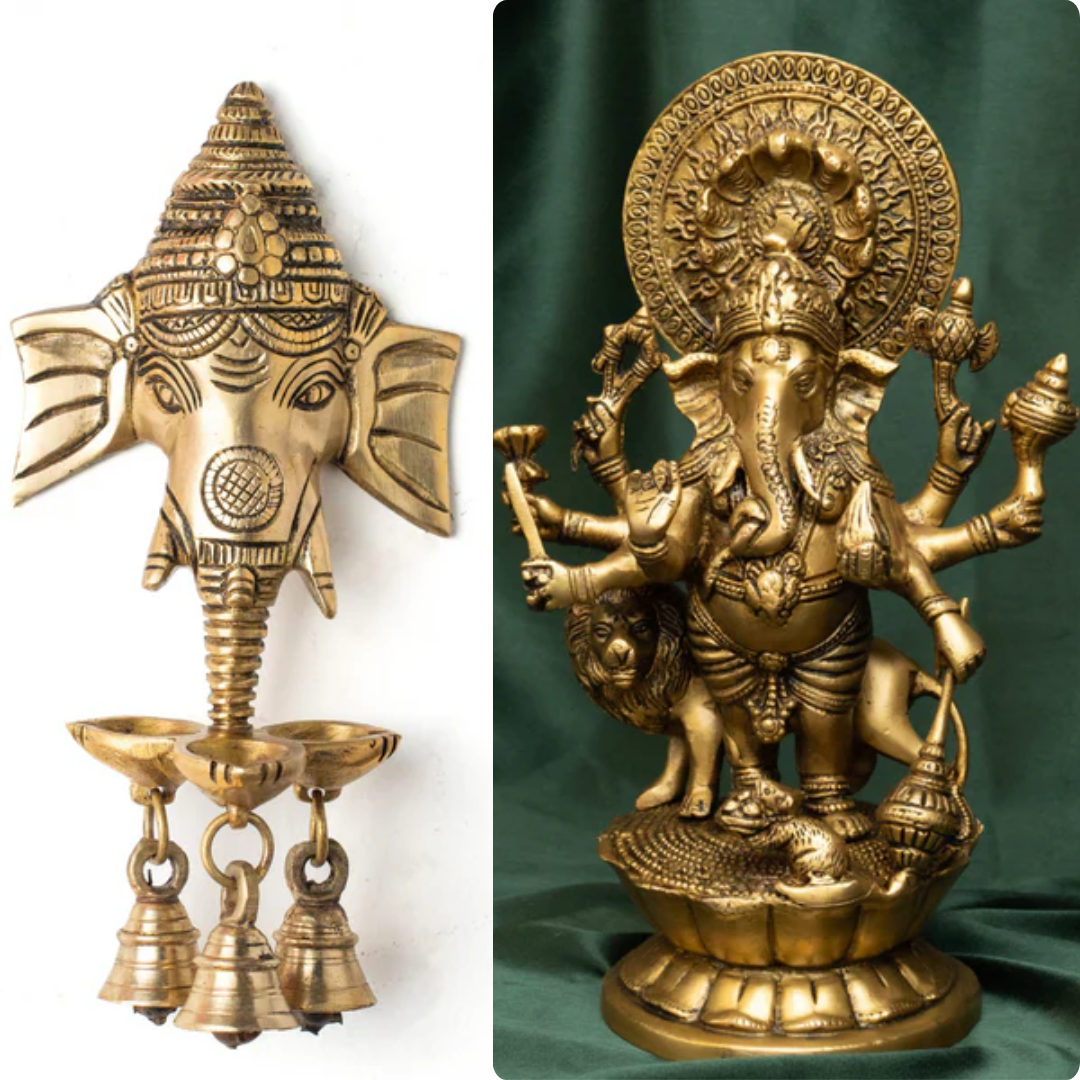 Brass Ganesha wall hanging with bells and detailed multi-arm Ganesha statue.