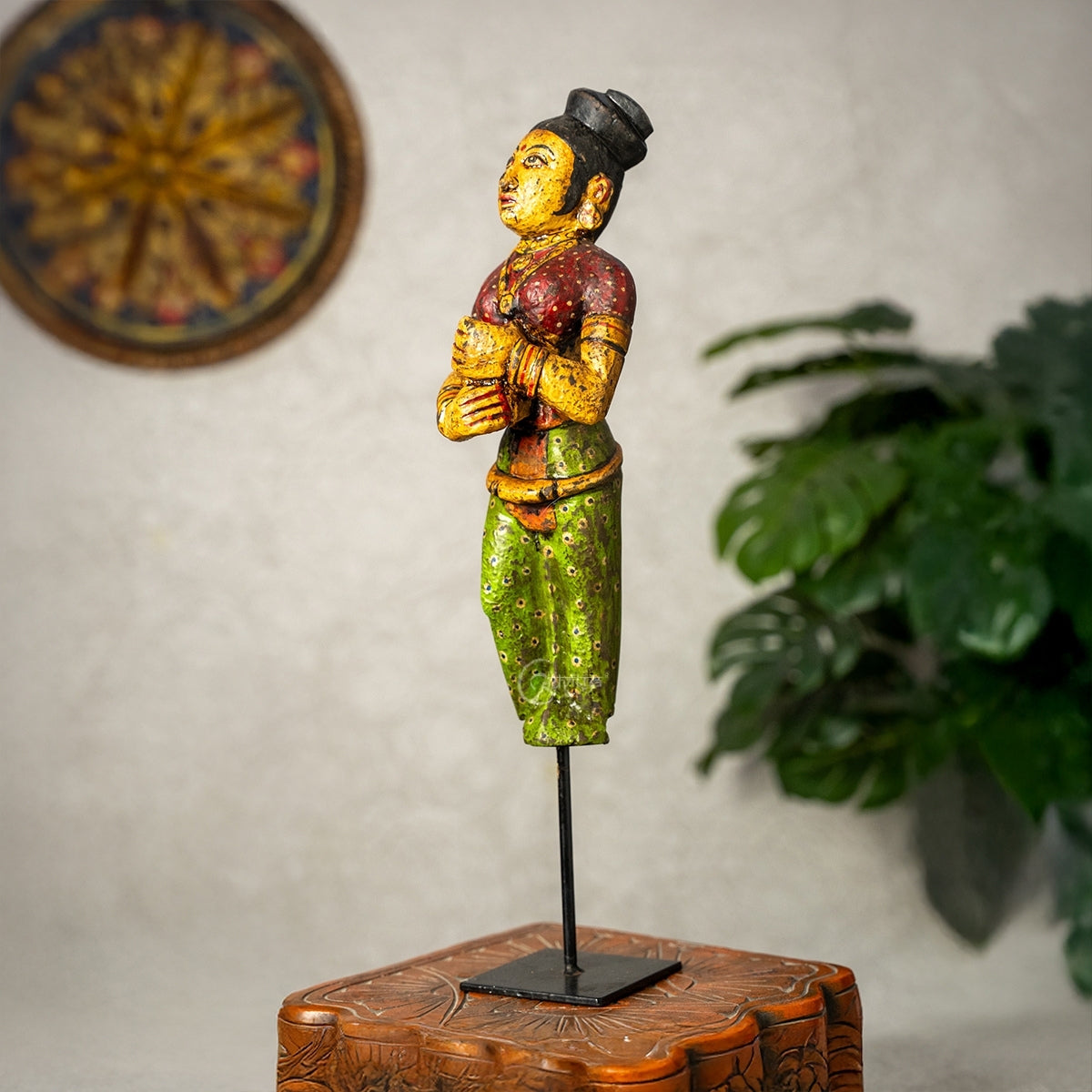 Mohenjo Daro Woman Wooden Statue on Iron Stand