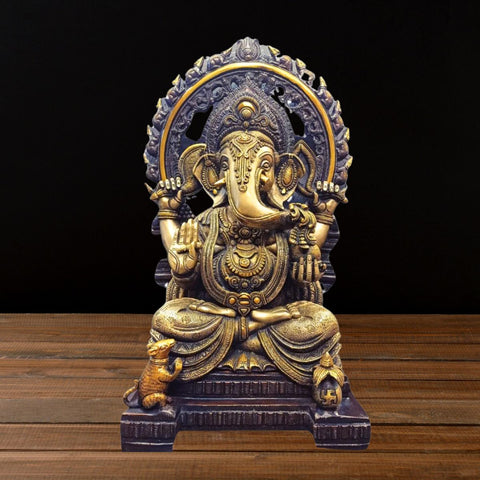 Brass Lord Big  Ganesha statue sitting on Singhasan