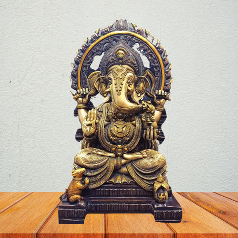 Brass Lord Big  Ganesha statue sitting on Singhasan