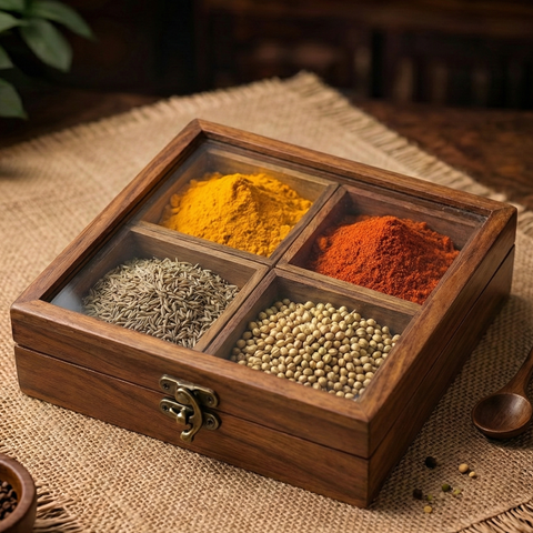 Square Wooden Masala Box With Spoon | 4-Section Spice Organizer | 8 Inch