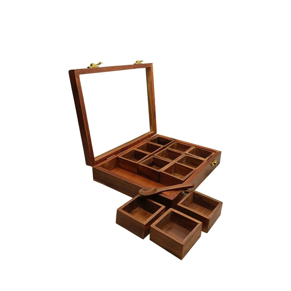 Indian Wooden Spice Organiser with wooden spoon - 10 Inch
