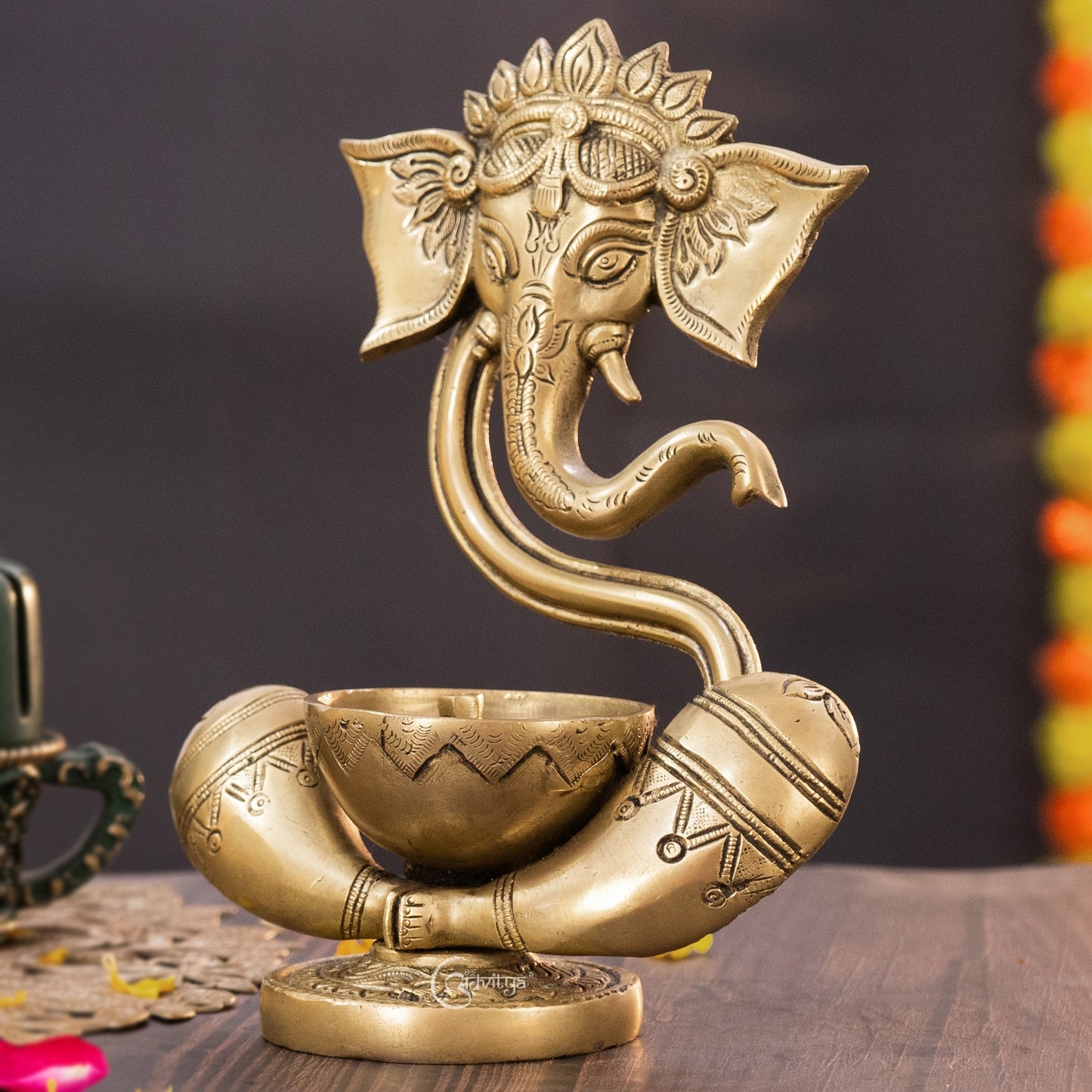 Brass Ganesha Idol with Akhand Diya