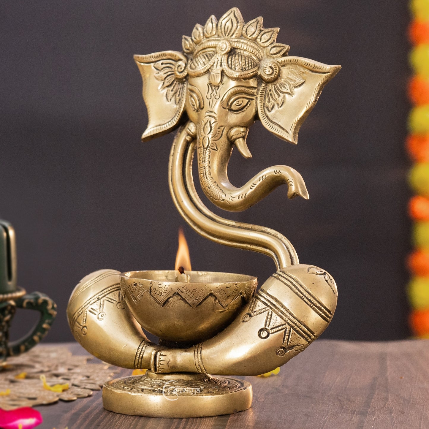 Brass Ganesha Idol with Akhand Diya