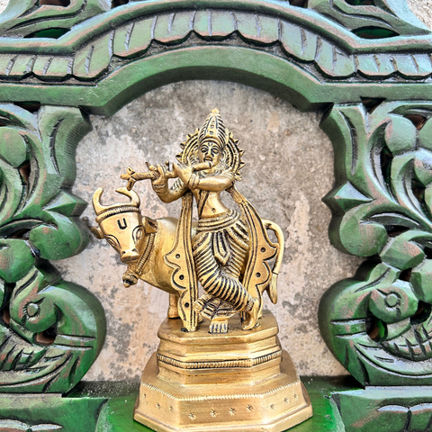 Wooden Carved Handpainted Green Bracket With Brass Standing Krishna With Cow