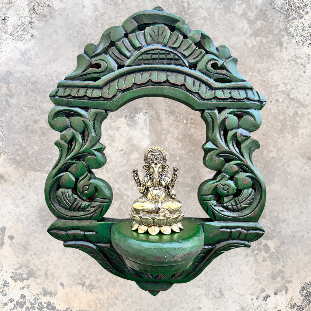 Wooden Carved Handpainted Green Bracket With Superfine Brass Ganesh Sitting On Lotus