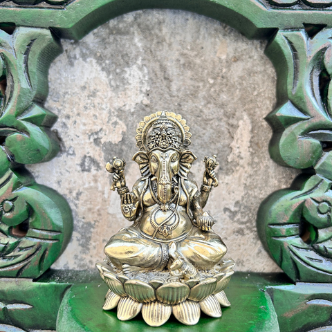 Wooden Carved Handpainted Green Bracket With Superfine Brass Ganesh Sitting On Lotus