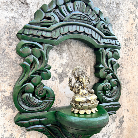 Wooden Carved Handpainted Green Bracket With Superfine Brass Ganesh Sitting On Lotus