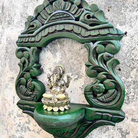 Wooden Carved Handpainted Green Bracket With Superfine Brass Ganesh Sitting On Lotus