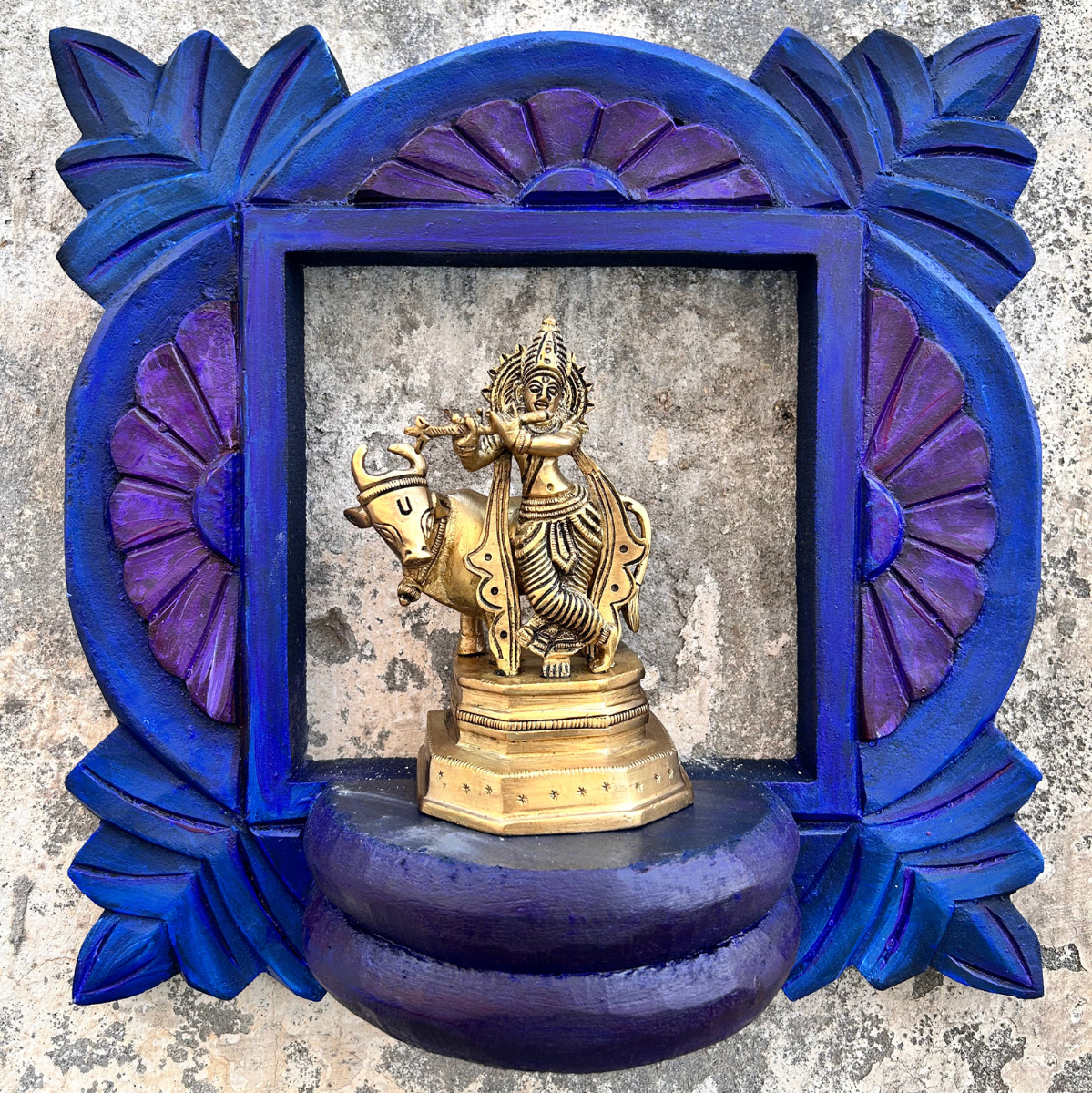 Wooden Carved Handpainted Blue Bracket With Brass Standing Krishna With Cow