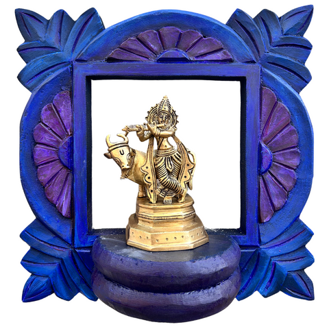 Wooden Carved Handpainted Blue Bracket With Brass Standing Krishna With Cow