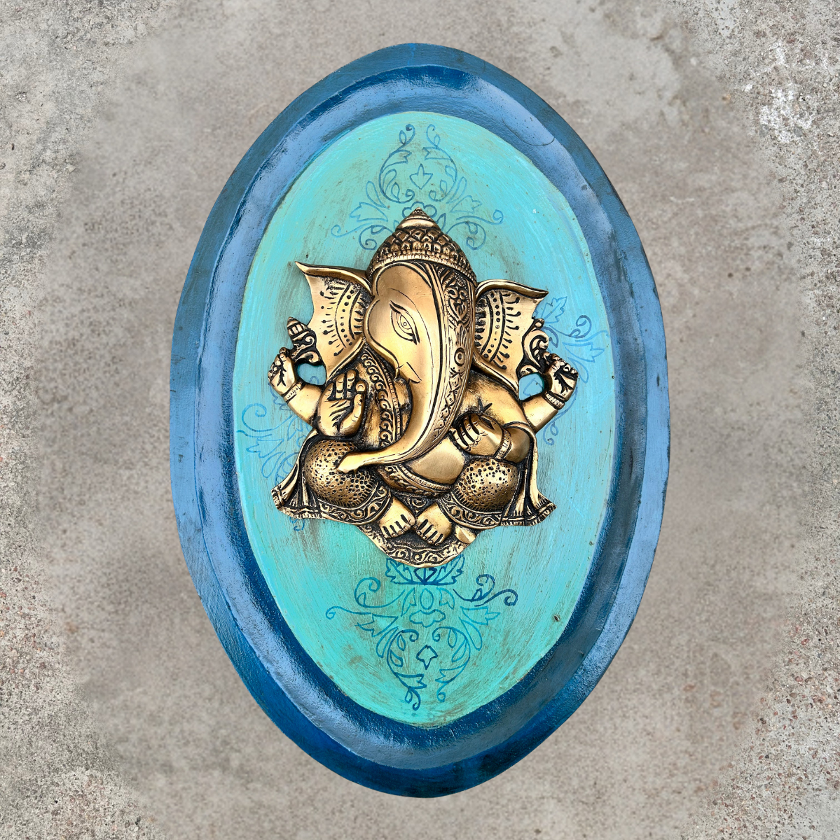 Green Wooden Art With Brass Ganesha