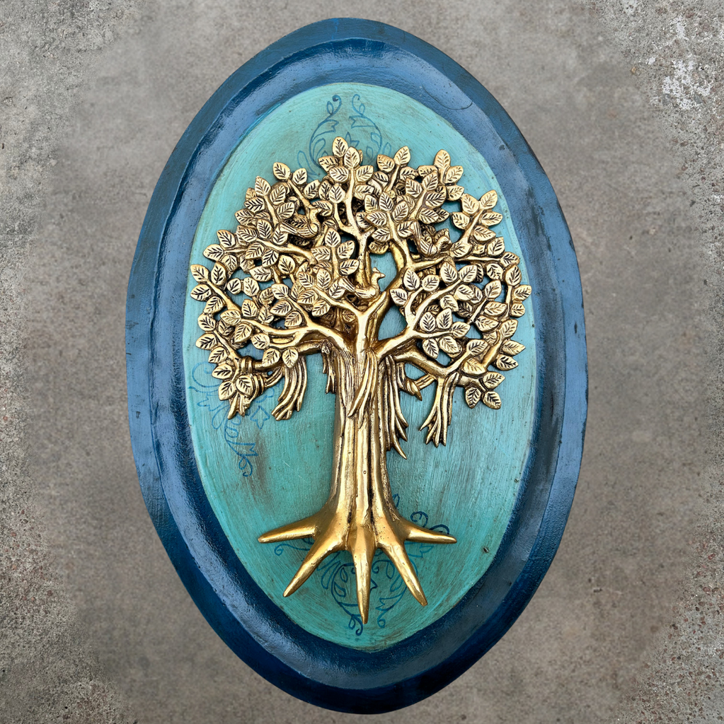 Green Wooden Art With Brass Tree