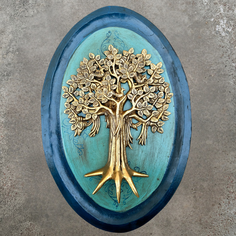 Green Wooden Art With Brass Tree