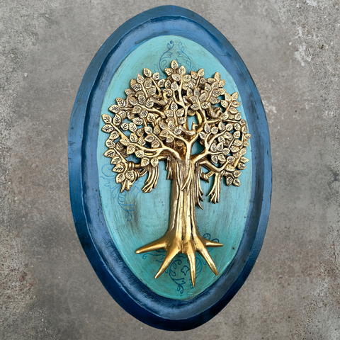 Green Wooden Art With Brass Tree