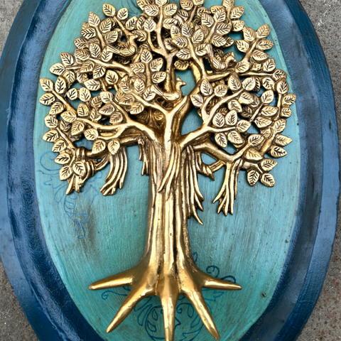 Green Wooden Art With Brass Tree