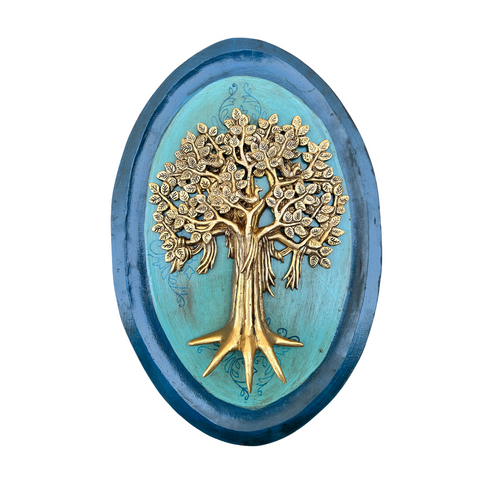 Green Wooden Art With Brass Tree