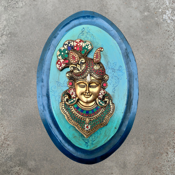 Green Wooden Art With Brass Krishna Face With Stonework