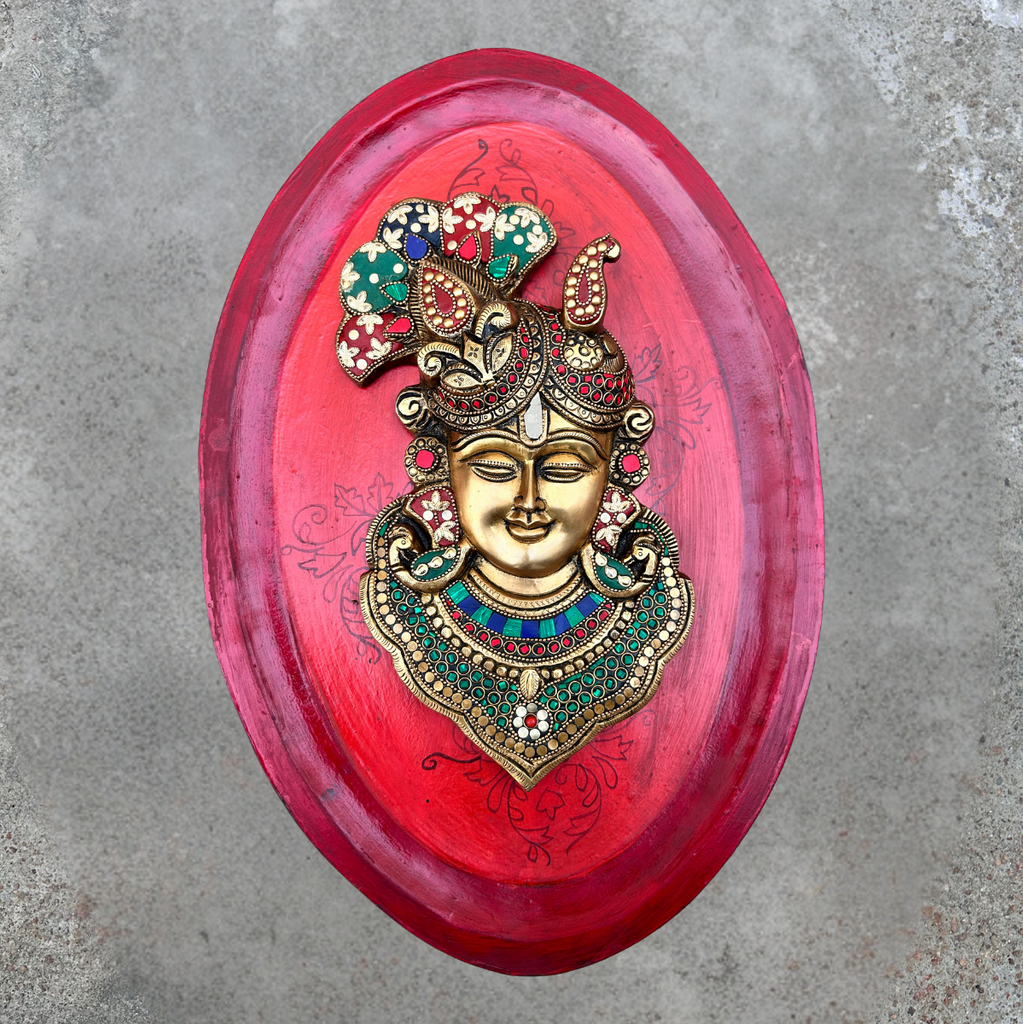 Red Wooden Art With Brass Krishna Face With Stonework