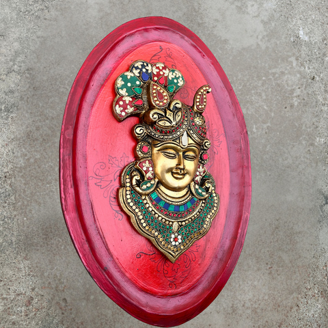 Red Wooden Art With Brass Krishna Face With Stonework