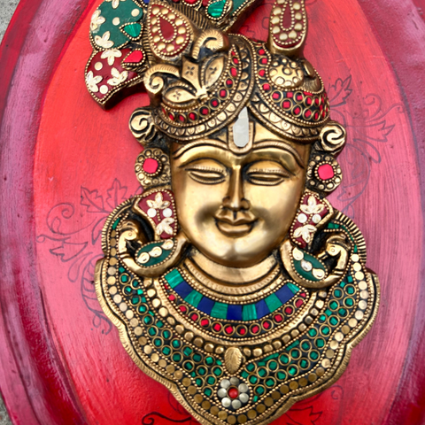 Red Wooden Art With Brass Krishna Face With Stonework