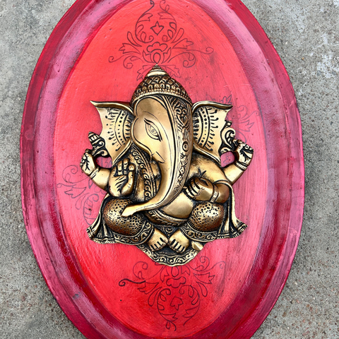 Red Wooden Art With Brass Ganesha