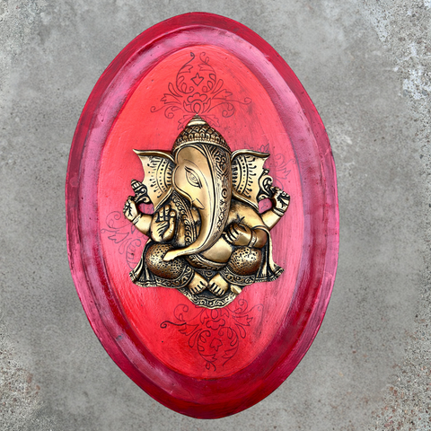 Red Wooden Art With Brass Ganesha