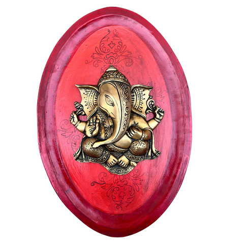 Red Wooden Art With Brass Ganesha