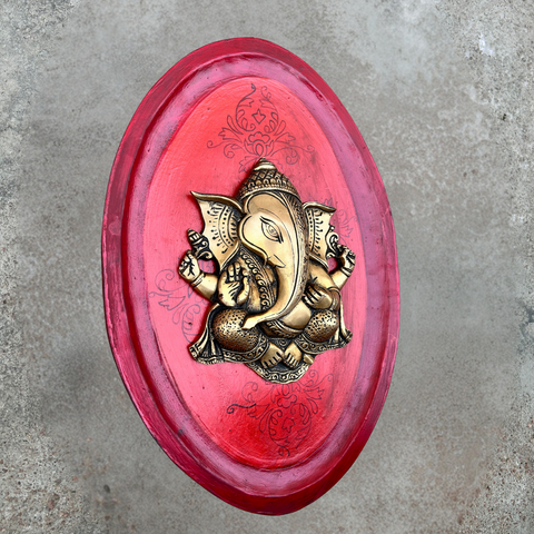 Red Wooden Art With Brass Ganesha